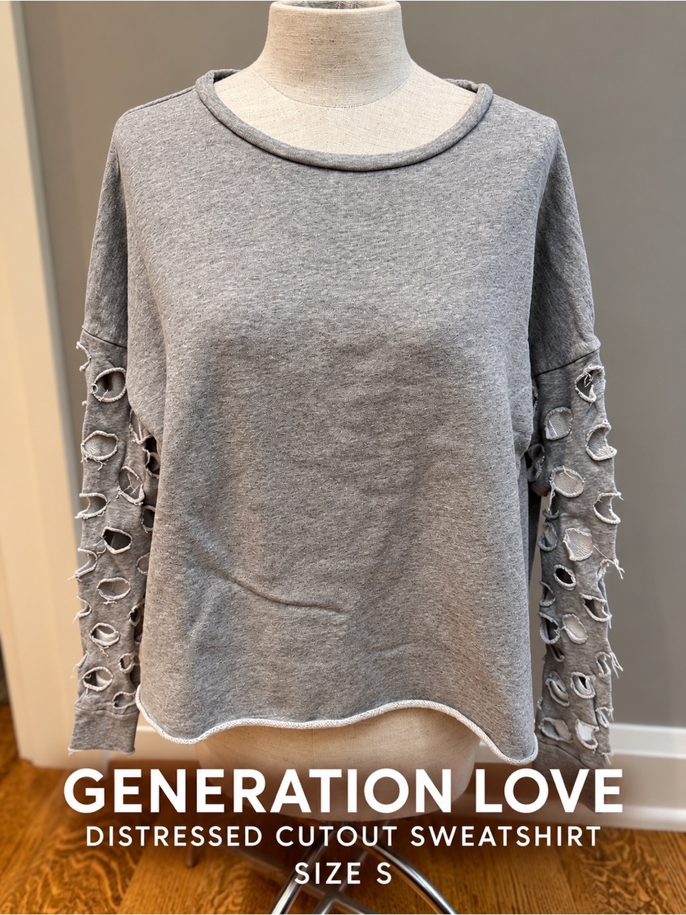 Generation Love Gray Distressed Cutout Sleeve Sweatshirt Top S